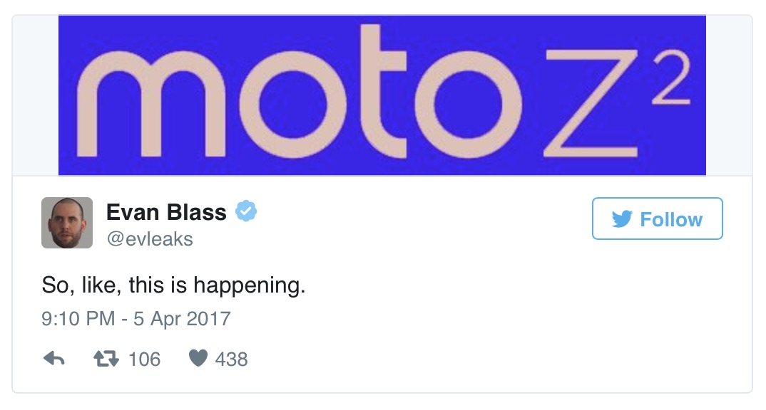 Moto Z išmaniojo telefono įpėdinis buvo pavadintas Moto Z2