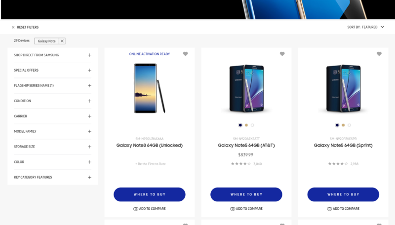 Galaxy Note8 в Samsung U.S. Web Store