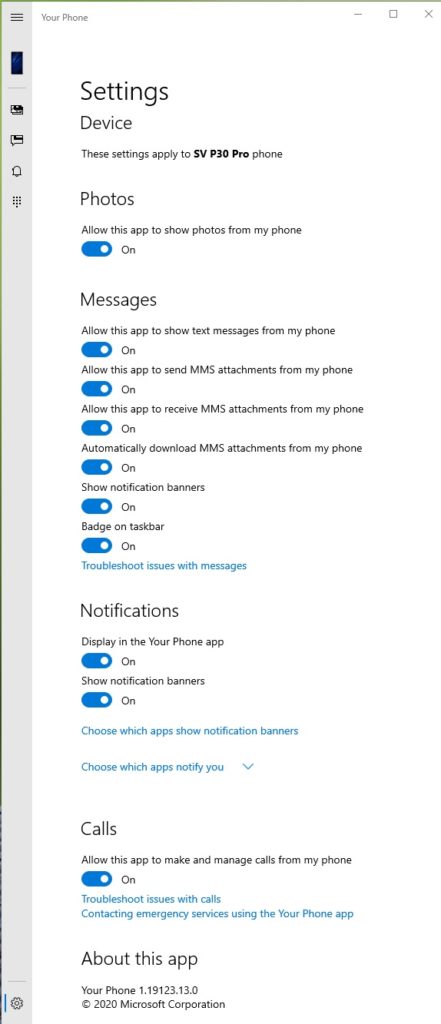 Your Phone Windows 10 Settings