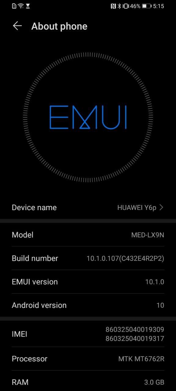 EMUI Huawei Y6p