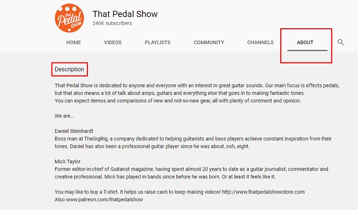 YouTube channel description