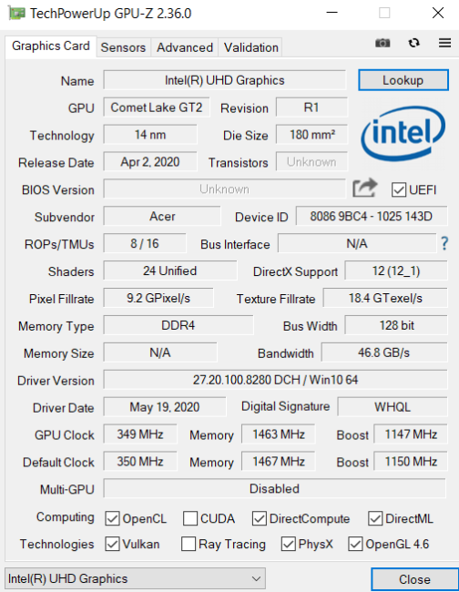 Acer Nitro 5 2020 CPU-Z Benchmark