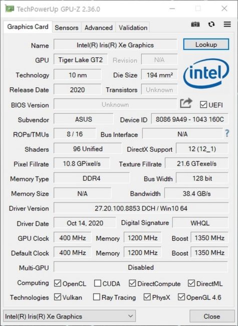 ASUS TUF Dash F15 o'rnatilgan grafika