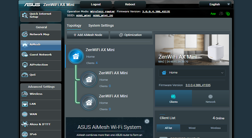 interface ASUS ZenWiFi AX Mini