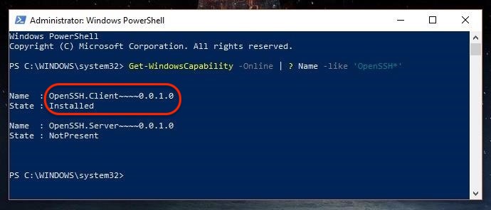 Windows 10 OpenSSH installed