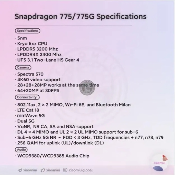 Snapdragon 775 775G specs