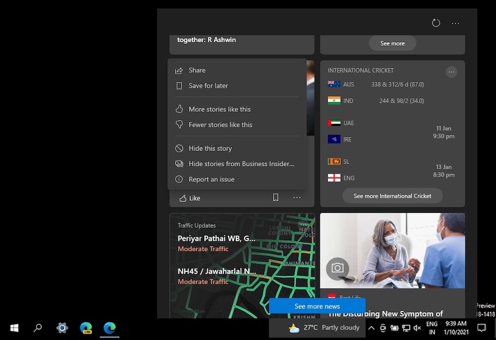 Microsoft Windows 10 Taskbar newsfeed