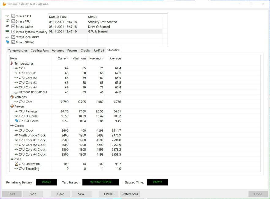 ASUS Vivogrāmata Pro 16X OLED (N7600) — sistēmas stabilitātes pārbaude