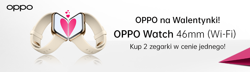 W walentynkowej ofercie można kupić 2 urządzenia OPPO Watch (WiFi) w cenie jednego. Oferta na OPPO Watch 46mm (WiFi) obowiązuje na model w kolorze złotym w sklepie Euro.com.pl.