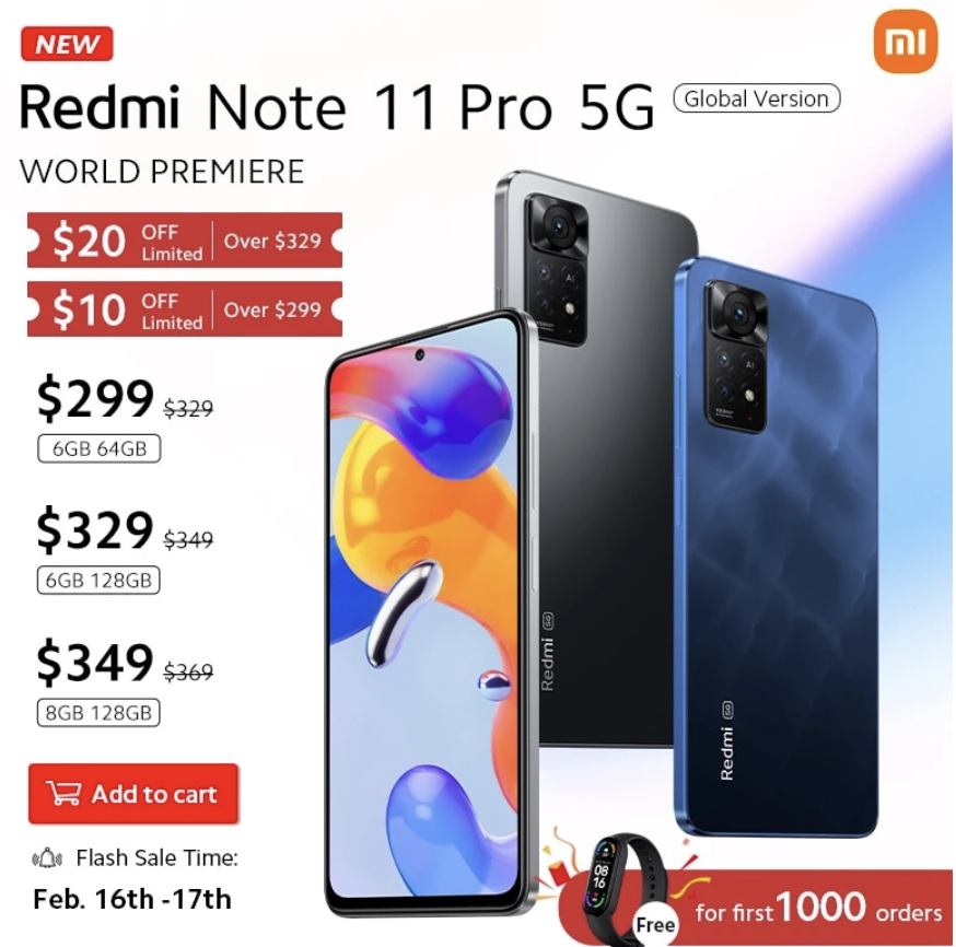 Globalna wersja Redmi Note 11 Pro 5G на AliExpress (w sprzedaży od 16.02, rabaty przez pierwsze dwa dni).