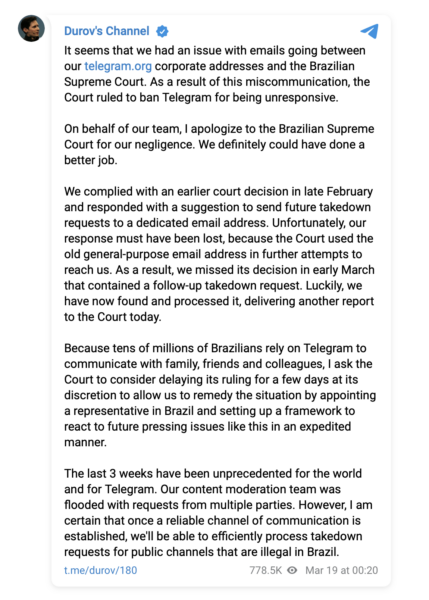 Telegram response to Brazil