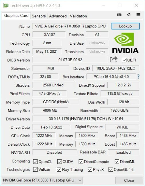 MSI Katana GF66 11UD - GPU