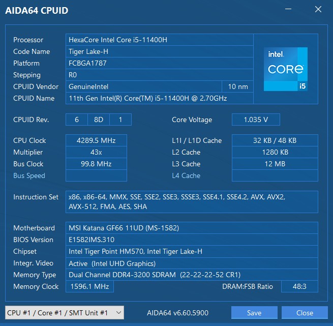 MSI Katana GF66 11UD - CPU