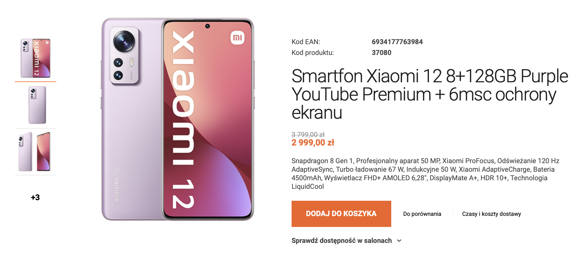 Smartfon Xiaomi 12 8+128GB Purple YouTube Premium + 6msc ochrony ekranu