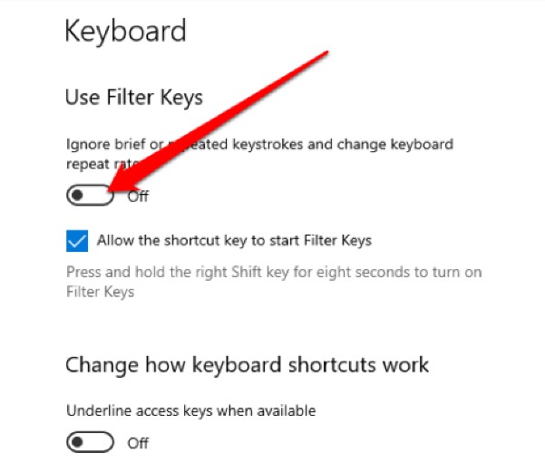 Turn off Filter Keys Windows
