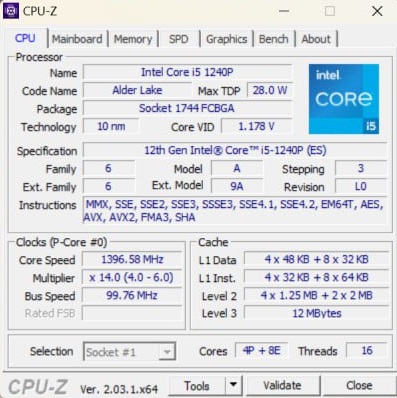 Acer 스위프트 3 CPU-Z