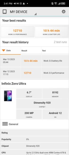Infinix Zero Ultra akumulatora tests