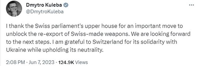 Gornji dom švicarskog parlamenta dopustio je ponovni izvoz oružja u Ukrajinu