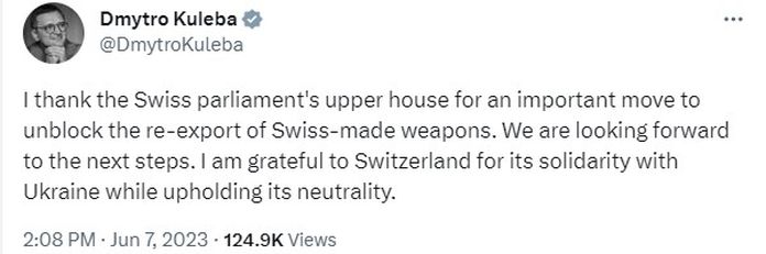 Pinahintulutan ng mataas na kapulungan ng Swiss Parliament ang muling pag-export ng mga armas sa Ukraine