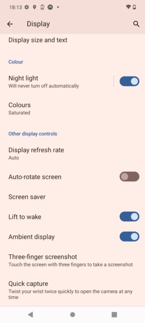 Moto G13 settings screen