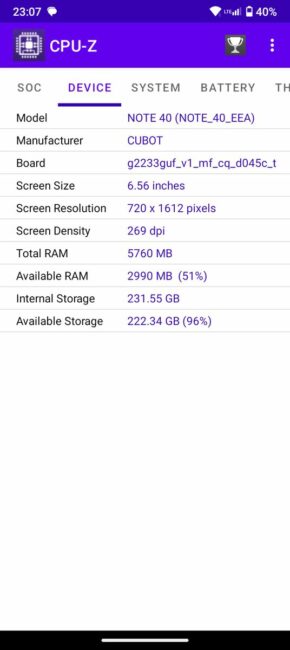 Cubot Nóta 40 CPU-Z