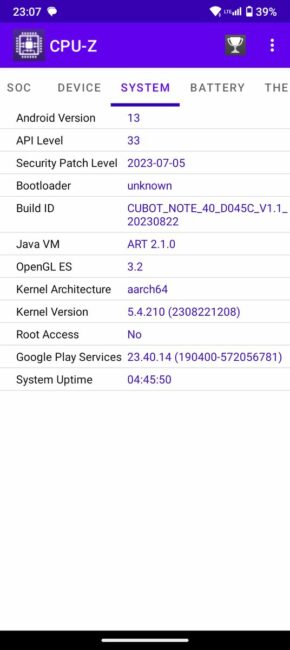 CPU-Z Cubot Note 40