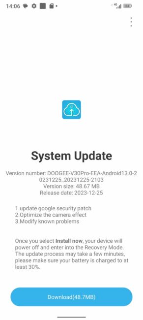 DOOGEE V30 Pro system update