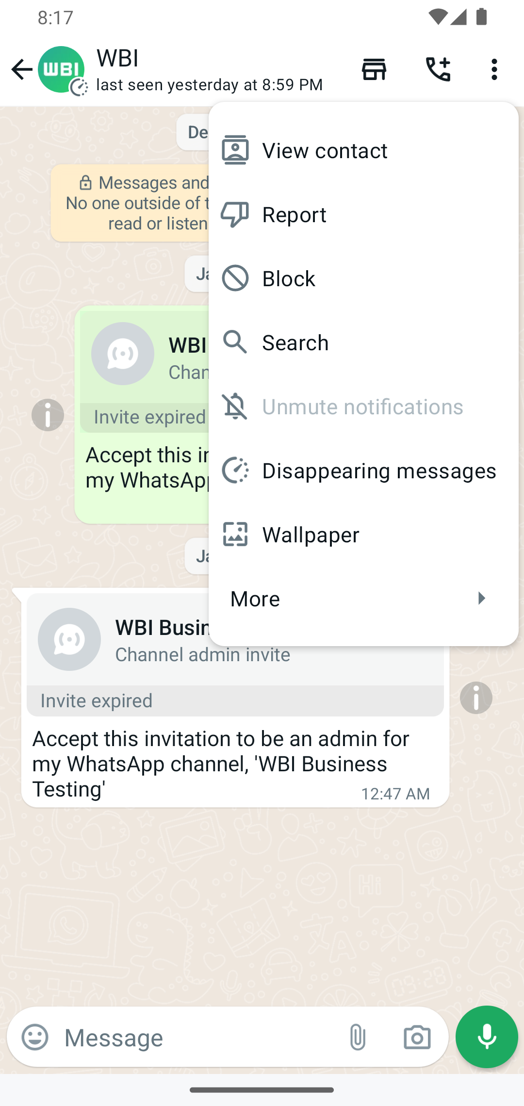 WhatsApp three-dot menu