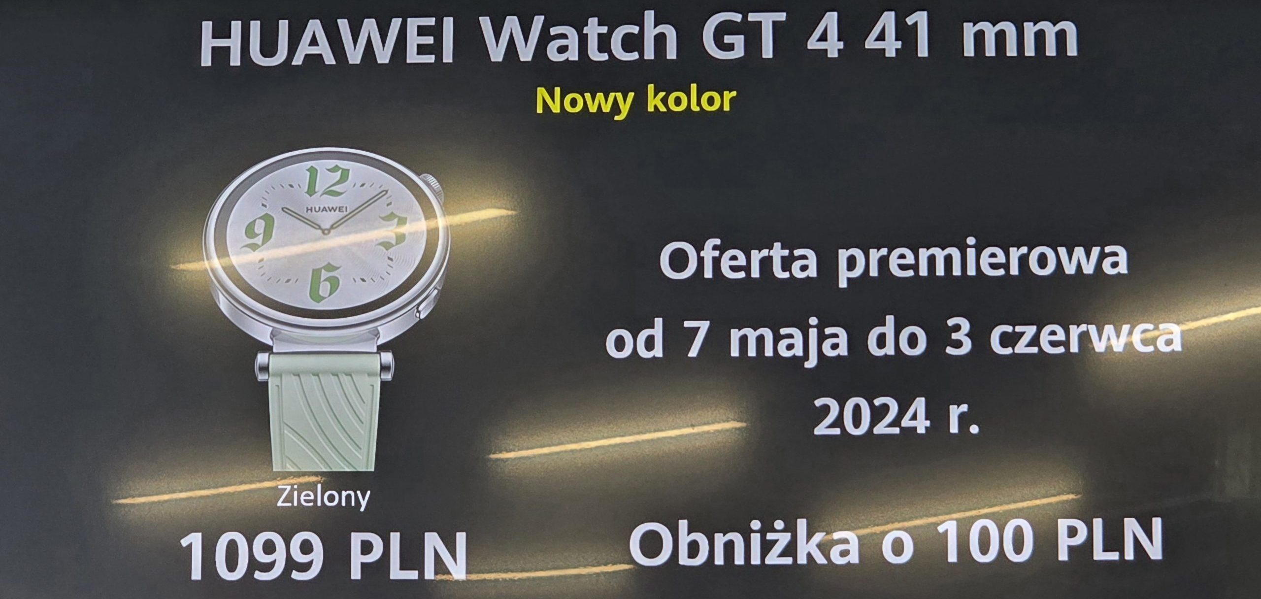 Sugerowana cena detaliczna HUAWEI WATCH GT 4 41 mm w nowym kolorze zielonym wynosi 1099 zł. Ale do 2 czerwca cena smartwatcha będzie obniżona o 100 zł – do 999 zł, więc warto się pospieszyć. 