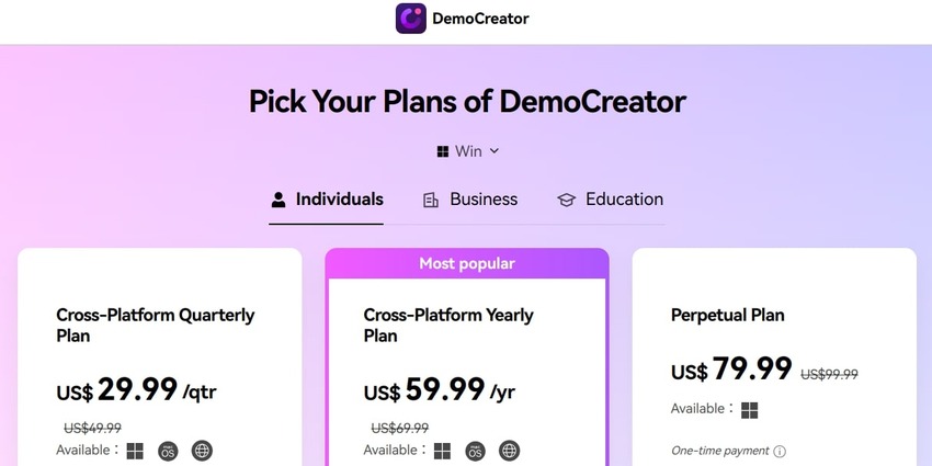 democreator pricing for individuals