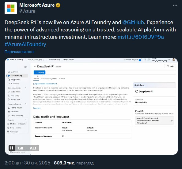 DeepSeek R1 is now live on Azure AI Foundry and @GitHub