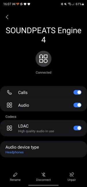 SoundPEATS Engine4 - Bluetooth settings