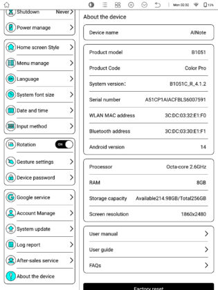 Bigme B1051 settings