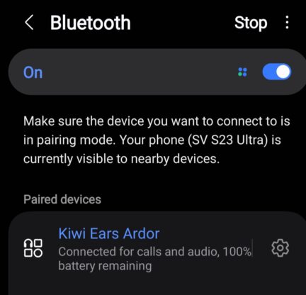 Kiwi Ardor Ears connected via Bluetooth - Android