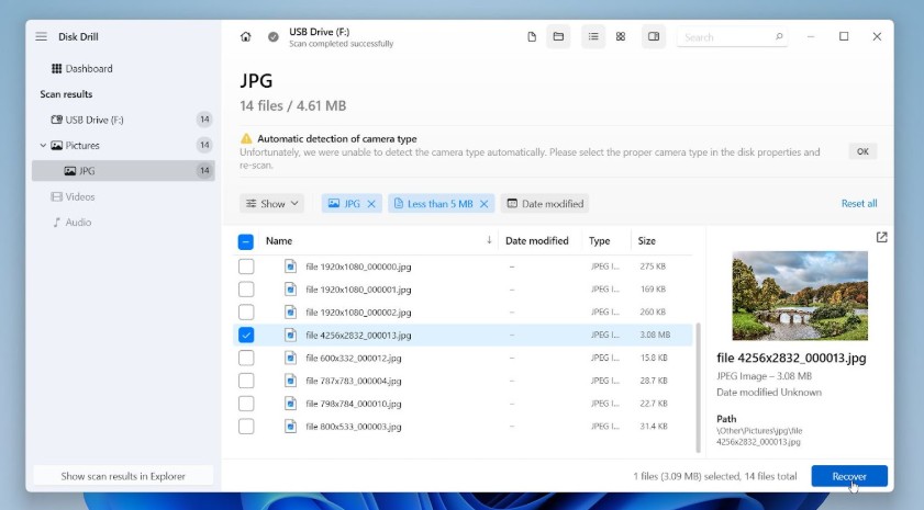 Preview files, tick the ones you want, then click Recover.
