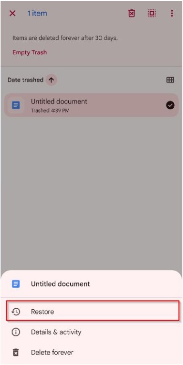 Tap the three-dot menu on the top right, then choose Restore. Tap the three-dot menu on the top right, then choose Restore.