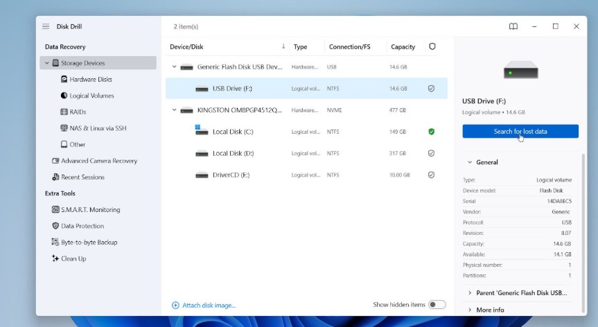 Select the SD card and click Search for lost data