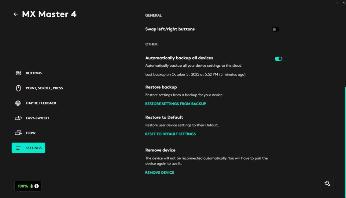Logitech MX Master 4 settings in Logi Options+