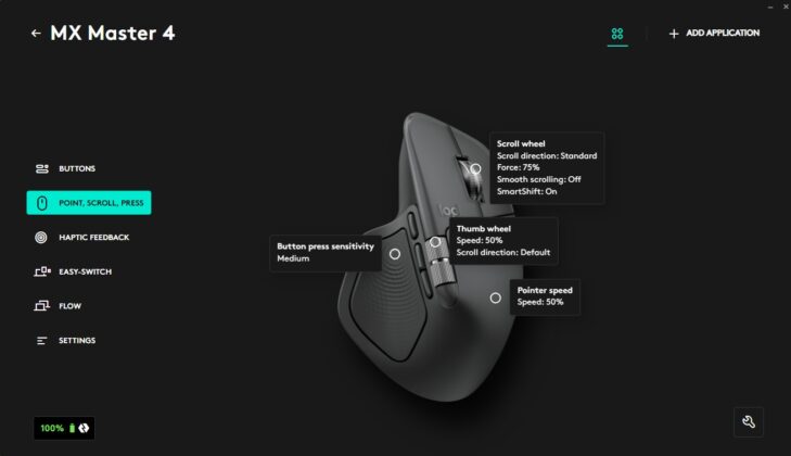 Logitech MX Master 4 settings in Logi Options+