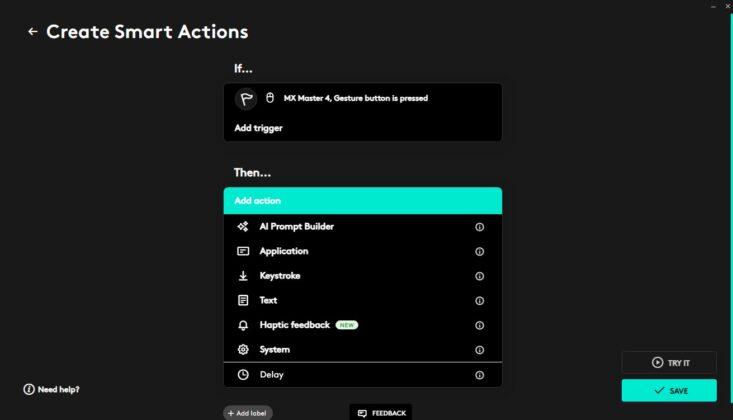Logitech MX Master 4 settings in Logi Options+
