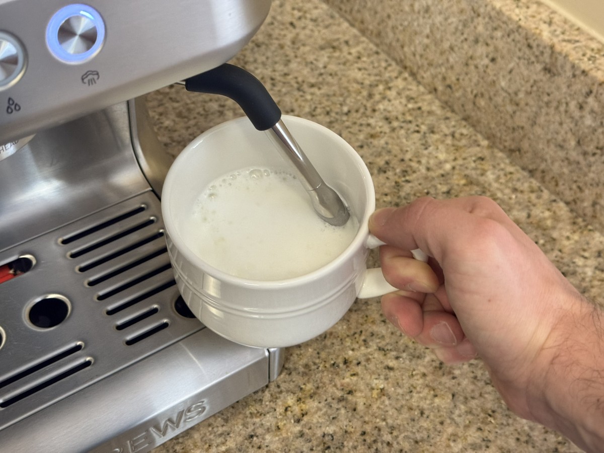 Steam wand frothing milk in a white cup Steam wand frothing milk in a white cup