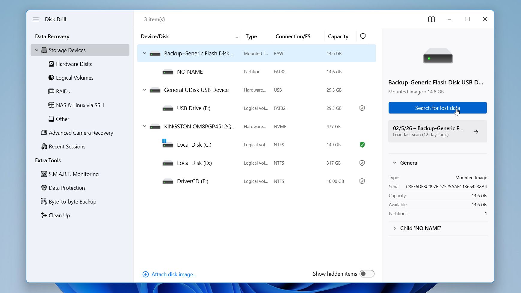Select the image file you created and choose Search for lost data Select the image file you created and choose Search for lost data