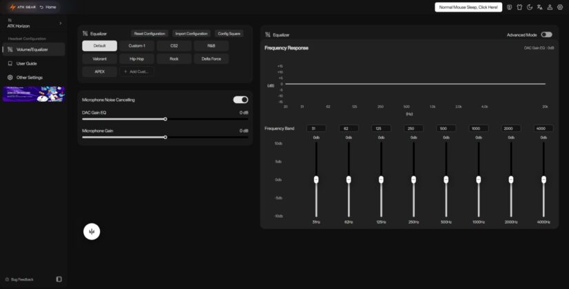 ATK Hub software showing the Horizon equalizer interface with multiple gaming and music presets.