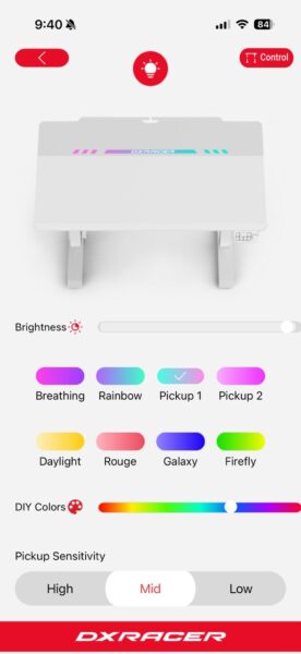 RGB lighting controls in the mobile app.