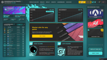 Aimlabs Spidershot results using the ATK A9 Mini+, improving the score to 39,485 and accuracy to 89.7%