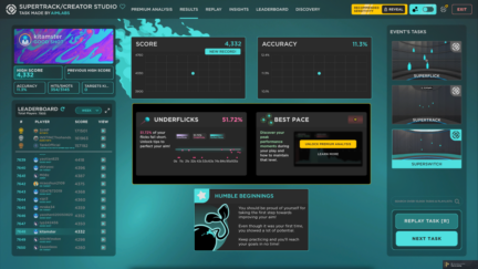 Aimlabs Supertrack results using the Keychron M6, with a score of 4,332 and 11.3% accuracy.
