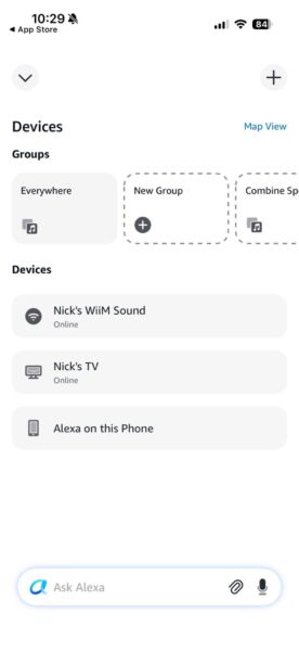 Amazon Alexa app showing WiiM Sound Lite alongside other connected smart home devices.