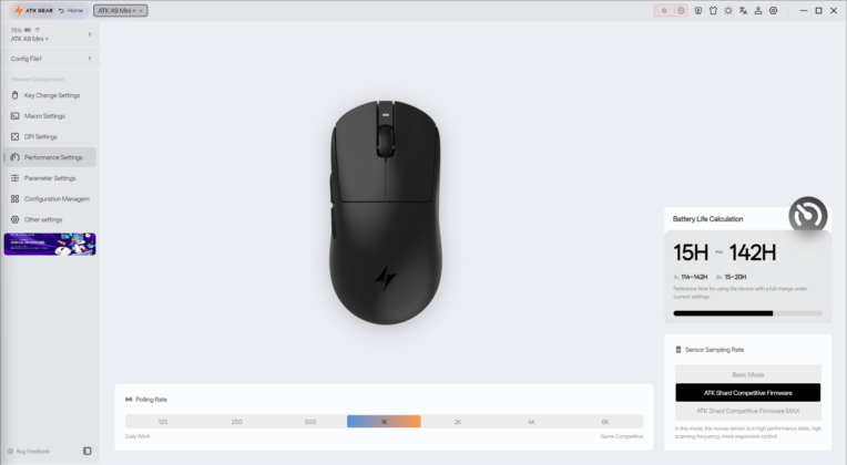 ATK Hub estimates 114&ndash;142 hours of battery life at 1K polling rate in Competitive Mode