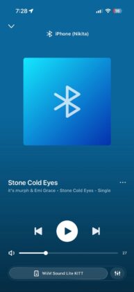 WiiM Home app showing Bluetooth audio playback from an iPhone to the WiiM Sound Lite speaker.