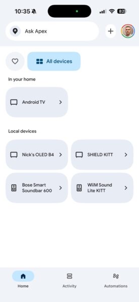 Google Home app displaying WiiM Sound Lite with other smart home and media devices on the local network.